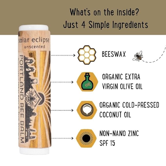 Portland Bee Balm Solar Eclipse All Natural Handmade Beeswax Based SPF 15 Lip Balm, 3 Count