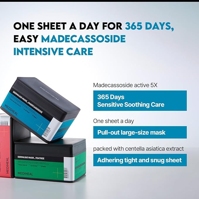 Mediheal Derma 365 Madecassoside Mask (30 Masks) - Daily Skin Care Mask for Deeply Comforting and Calming Skin with Madecassoside