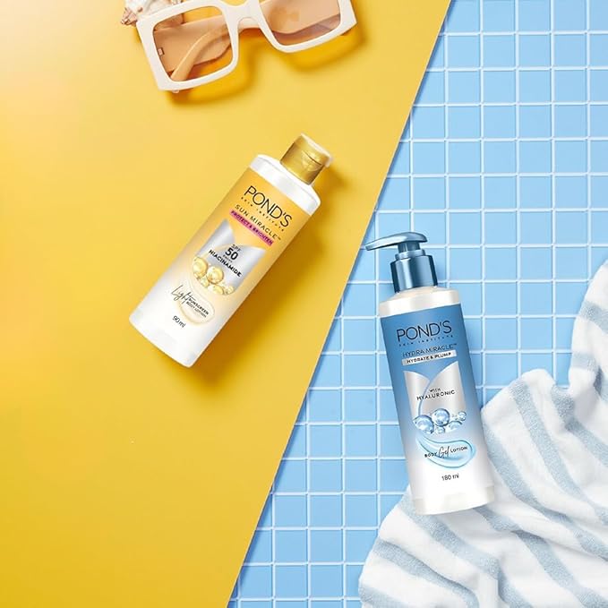 POND-S. Sun Miracle Body Lotion, SPF 50 PA+++, 90 ml, UVA/UVB Protection, 1% Niacinamide, Lightweight, No White Cast 3.0 Fl.oz.