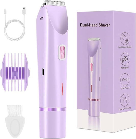 QNHMPW Bikini Trimmer for Women,Electric Razors for Women,2-in-1 Dual Head Shaver- Wet/Dry Shaver Groomer, Waterproof Hygiene Razor Used for Face, Underarm, Leg, Bikini Area(Purple)