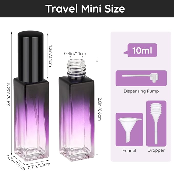 Segbeauty 0.34oz Perfume Travel Bottles Refillable, 10pcs 10ml Glass Empty Perfume Atomizer Sprayer, Mini Portable Travel Cologne Spray Bottle, Cologne Atomizer Set with Refill Pump Tools
