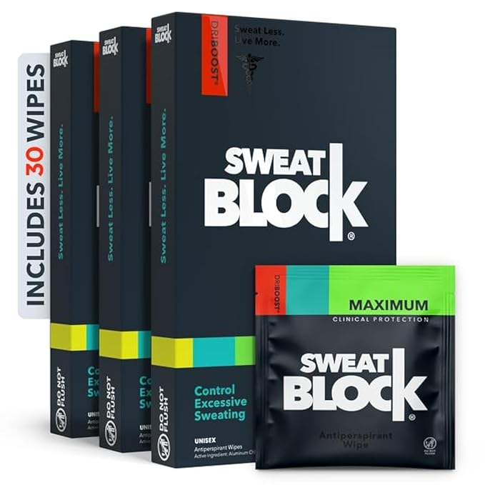 SweatBlock Antiperspirant Wipes - Maximum Clinical Strength - Treat Hyperhidrosis & Excessive Sweating for Men, Women, & Teens - up to 7 Days Protection Per Wipe - Dermatologist Tested - 30 Wipes
