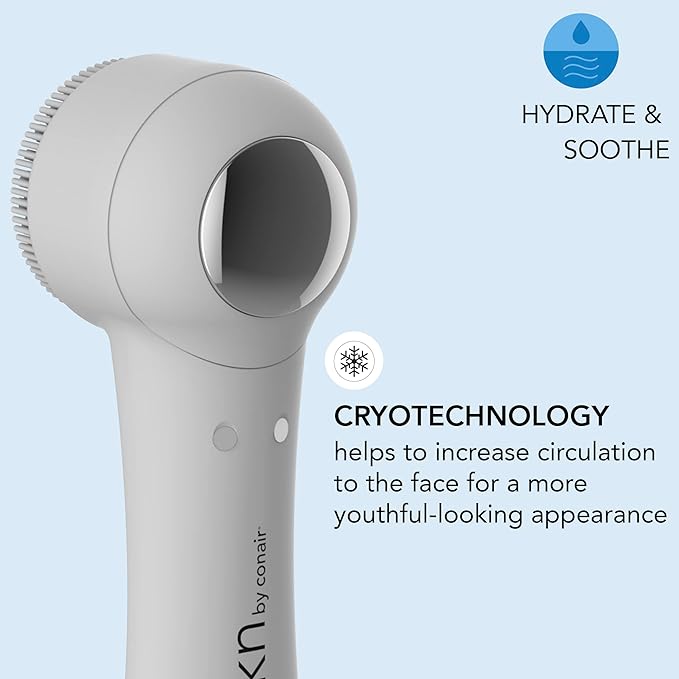 skn by conair Cryotherapy Advanced Facial Cleansing Brush, Featuring Ultra-Hygienic Silicone Brush Head and Cool Plate to Help Soothe Inflammation and Reduce Puffiness