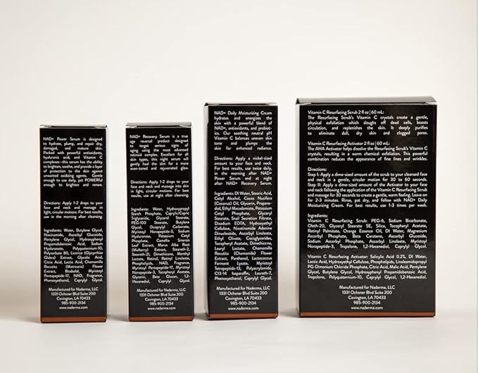 Naderma Set (NAD+ Daily Moisturizing Cream, NAD+ Power Serum, NAD+ Recovery Serum, and Vitamin C Resurfacing Scrub + Activator))