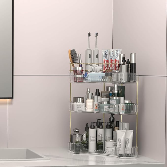 Makeup Organizer Countertop 3 Tier, Corner Bathroom Countertop Organizer with Toothbrush and Makeup Brush Holder, Corner Vanity Tray for Skincare Organization