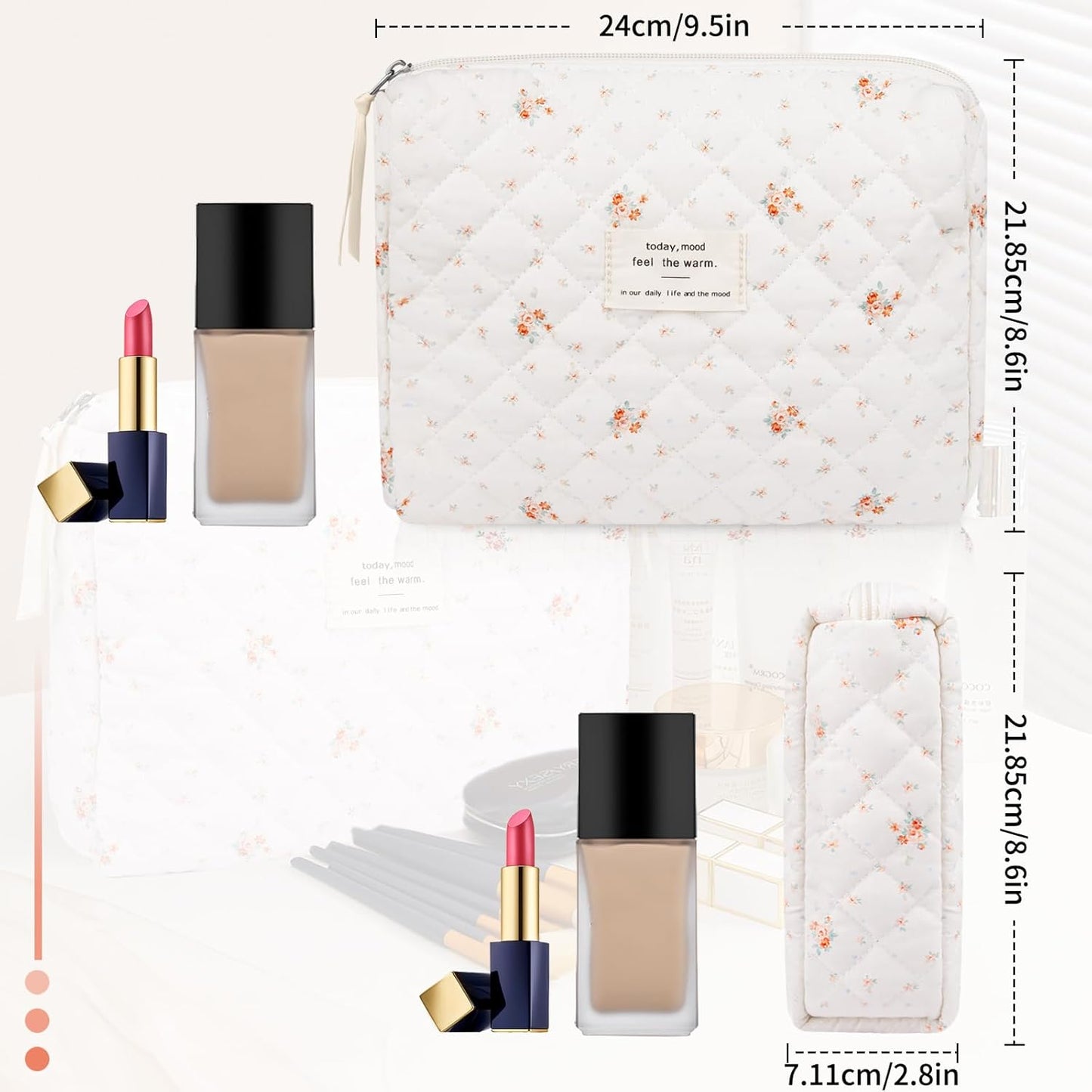 Floral Makeup Bag, Small Cosmetic Bag for Women Girls, Cute Cotton Makeup Bag, Quilted Makeup Bags, Flower Travel Toiletry Organizer Bag(Rose Pattern)