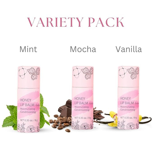 Organic Honey Lip Balm - 100% Grassfed Beef Tallow Chapstick for Women, Natural Raw Honey & Argan Oil - Ultra Moisturizing, Conditioning, Chemical Free - 3 Pack (3x0.28 oz) Tinted