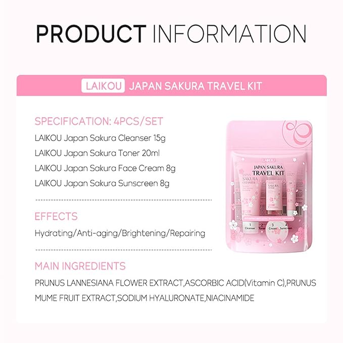 Sakura Travel Skincare Set for Teenage Girls - Face Routine Set for Women,4 Piece Gentle Skin Cleaning & Care Travel Size Kit With Cleanser, Toner, sunscreen and Face Cream