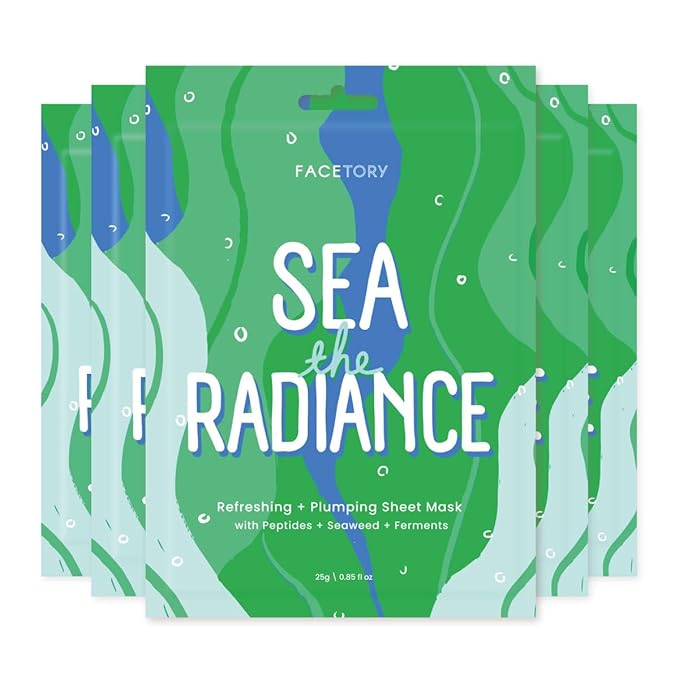 FACETORY K Beauty Face Mask Skin Care - SEA THE RADIANCE PLUMPING Sheet Mask with Peptides & Seaweed Extract | Hydrates, Firms, Rejuvenates (5 Pack)