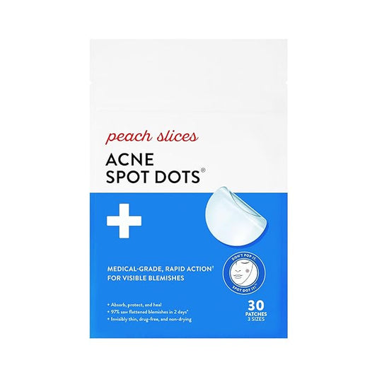 Peach Slices | Acne Spot Dots | Hydrocolloid Acne Patches | For Zits, Blemishes, & Breakouts | Vegan | Cruelty-Free | Pimple Patches | Facial Skin Care Products | 3 Sizes (7mm, 10mm, & 12mm) | 30 Ct