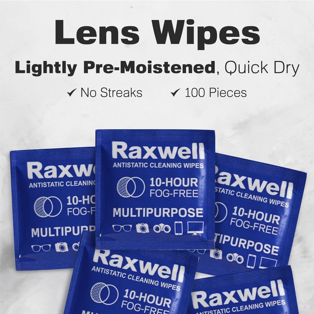 Raxwell Anti Fog Lens Wipes for Eyeglasses - 100 Count Unscented Individually Wrapped Sachets - Glasses Cleaner & Screen Wipes Safe on Coated Lenses - Streak-Free