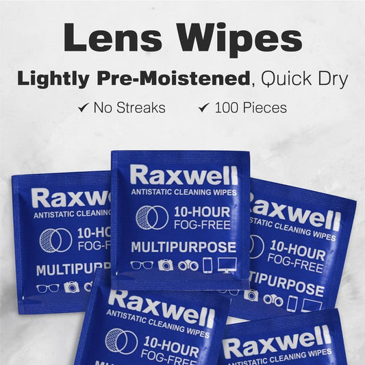 Raxwell Anti Fog Lens Wipes for Eyeglasses - 100 Count Unscented Individually Wrapped Sachets - Glasses Cleaner & Screen Wipes Safe on Coated Lenses - Streak-Free