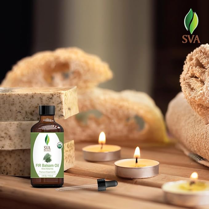 SVA Fir Balsam Essential Oil Organic – 4 Fl Oz – 100% Natural Organic Fir Oil - for Diffuser, Hair Care, Face, Skin Care, Aromatherapy, Scalp and Body Massage, Soap and Candle Making – with Dropper