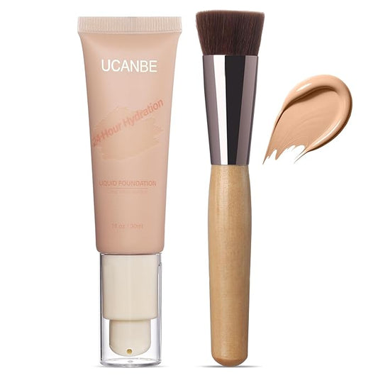 UCANBE Matte Liquid Foundation with Brush, Serum Foundation Face Makeup with Hyaluronic Acid, Medium to Full Coverage Waterproof Oil Control Longwear, for Mature Skin, Classic Ivory, 1 fl. oz.