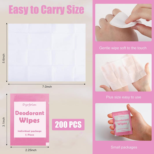 200 Pcs Underarm Deodorant Wipes,Travel Deodorant Wipes,Individually Wrapped Antiperspirant Wipe,Sweat Body Wipe for Women Men Adults Sports Travel Essentials(Pink)
