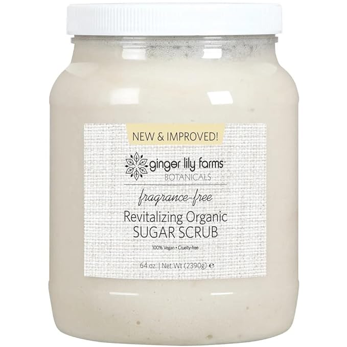 Ginger Lily Farms Botanicals Revitalizing Organic Sugar Scrub, All-Natural Skin Exfoliating Sugar Crystals, 100% Vegan & Cruelty-Free, Fragrance-Free, 64 oz.