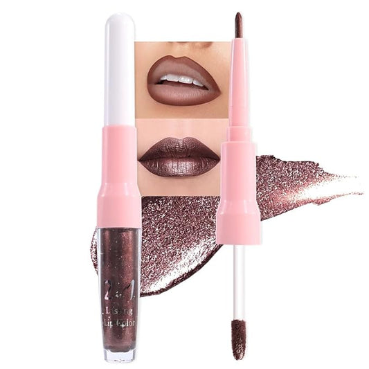 evpct Dark Brown Metallic Glitter Lip Liner and Lipstick Combo Lip Gloss Stain Set Makeup for Women Long Lasting Waterproof 24, Chocolate Metallic Shimmer Frosted Iridescent Shiny Liquid Lipstick 11