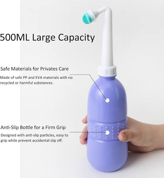 2 Pack Peri Bottle for Postpartum Care, Portable Travel Bidet for Women, 17oz Large Capacity Perineal Bottle for Feminine Hygiene with Travel Bag, Angled Nozzle & Straight Nozzle (Purple + Red)