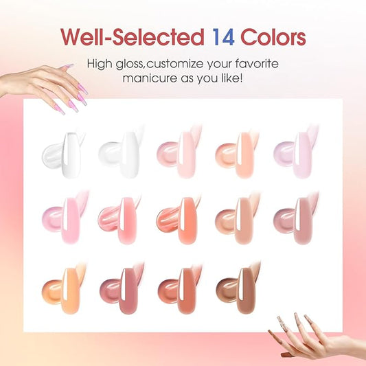Poly Nail Gel Starter Kit -14 Colors + 75 Nails Art Accessories Kits, ROSALIND Nue Clear Poly Extension Gel with Big UV Light 48W and Electric Nail Drill Starter Kit with Everything