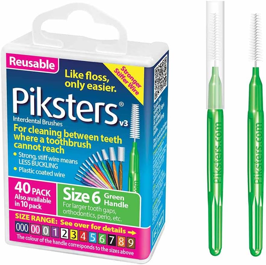 Piksters Interdental Brushes, 40 pk, Size 6, Interdental Tooth Brush for Larger Gaps, Gum Soft Bristles for Plaque Removal, Safe for Braces