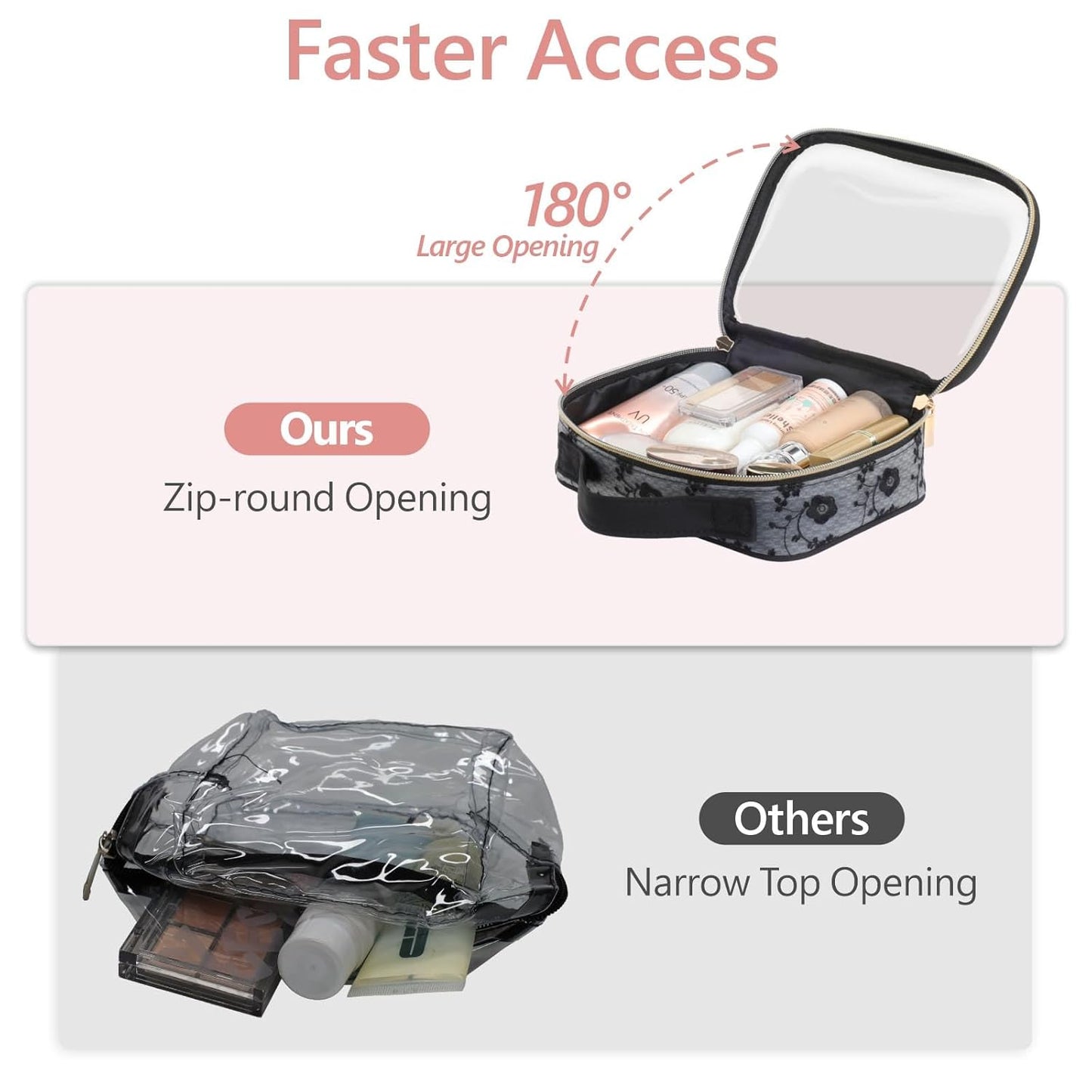 PACKISM TSA Approved Toiletry Bag - 180° Large Opening Clear Makeup Bags with Handle, Easily Access, Floral Texture Lace Clear Toiletry Bags for Traveling, Thick 0.5 mm No Smell, Black