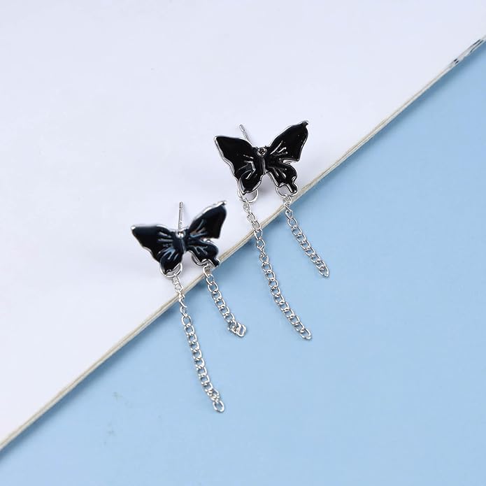 Vintage Butterfly Stud Earrings Silver Chain Tassel Dangle Earrings Black Butterfly Earrings Layer Chain Drop Earrings Jewelry for Women