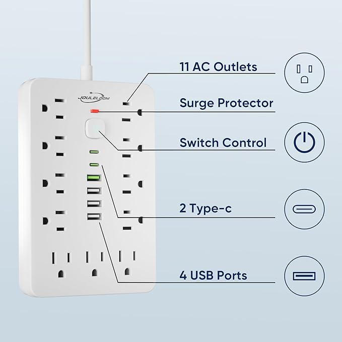 10 FT Flat Plug Surge Protector Power Strip,11 Multiple AC Outlets with 6 USB Ports (2 USB C), 6 Feet Extension Cord, 1250W/10A, One Touch Switch Button, White