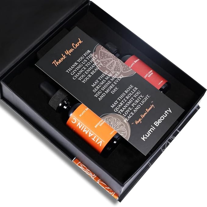 Kumi Beauty. K-Beauty Serums ~ 3 in 1 Gift Box ~ ||| Set: 2 Face Serums (Vitamin C + Retinol) + 1 Rose Quartz Roller.