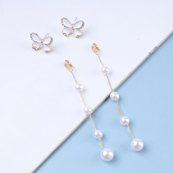 Vintage Butterfly Pearl Drop Earrings Gold Pearl Chain Earrings Long Pearl Tassel Earrings White Butterfly Stud Earrings Wedding Pearl Earrings Jewelry for Women