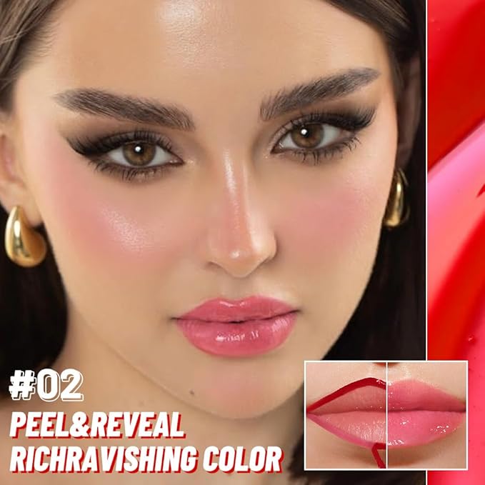 Dewy Rose Lip Stain Peel Off Lip Gloss oil Dual-Ended Combo, Lips Liner Stain Peel Off Tattoo, Long Lasting & Waterproof, Transfer-Proof Lip Tint Stain with Lip oil for All Skin Type 02#