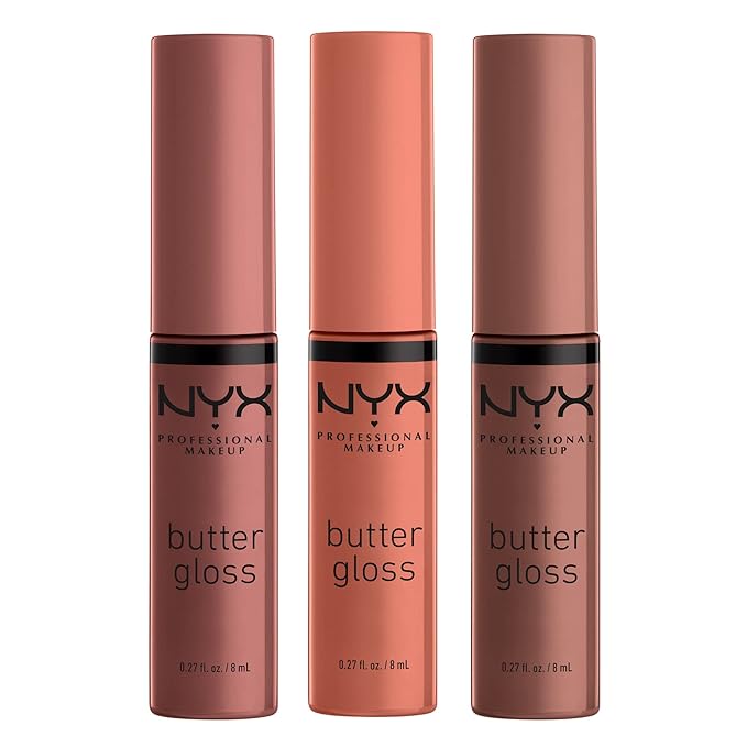 NYX PROFESSIONAL MAKEUP Butter Gloss Brown Sugar, Non-Sticky Lip Gloss - Pack Of 3 (Sugar High, Spiked Toffee, Butterscotch)