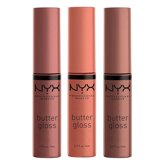 NYX PROFESSIONAL MAKEUP Butter Gloss Brown Sugar, Non-Sticky Lip Gloss - Pack Of 3 (Sugar High, Spiked Toffee, Butterscotch)