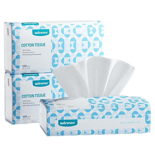 Winner Softer Face Towels - 100% USA Cotton Dry Wipes, 300 Count Unscented Cotton Tissues for Sensitive Skin, OEKO-TEX Certified Face Towelettes Disposable, Makeup Remover Facial Towels, 3 Pack