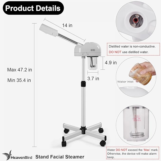 Stand Professional Ozone Facial Steamer with Touch Control, Adjustable Height & Rolling Base, 360° Rotatable Nozzle, Hot Mist Function, Use for Home, Salon SPA (White)