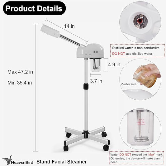 Stand Professional Ozone Facial Steamer with Touch Control, Adjustable Height & Rolling Base, 360° Rotatable Nozzle, Hot Mist Function, Use for Home, Salon SPA (White)