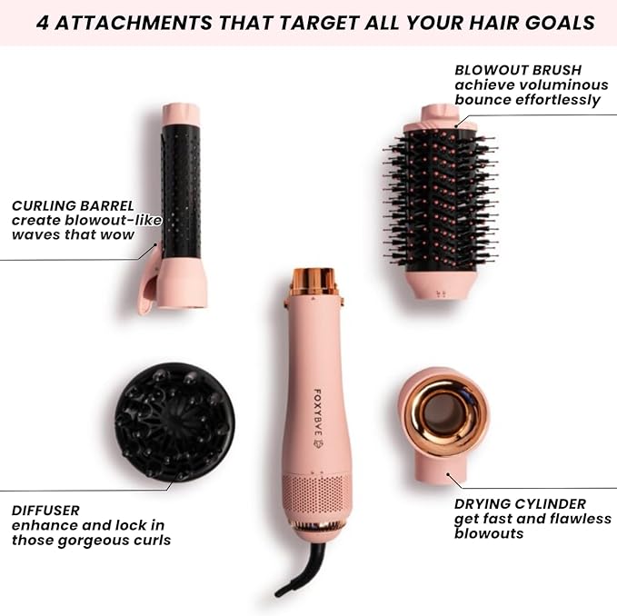 FoxyBae 4-in-1 Hot Air Styler: Blow Dryer Brush, Diffuser, Curling Barrel & Drying Cylinder - Blush Super Styler