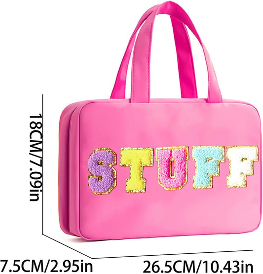 Toiletry Bag with Hanging Hook Chenille Letter Cosmetic Bag Spacious Travel Bag Water-resistant Makeup Bag for Store Toiletries Cosmetic Accessories and Sets for Women Rose Red