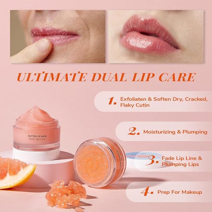ANAIRUI Lip Mask Set, Lip Exfoliator Scrub & Moisturizer,Grapefruit Lip Care Kits With Lip Sleeping Mask & Sugar Lip Scrub, Lip Overnight Plumper Set for Dry, Chapped Lips