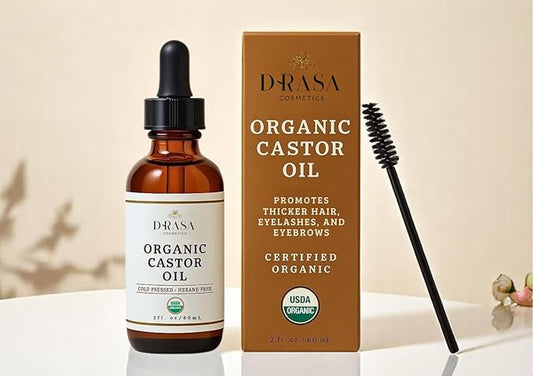Organic Castor Oil– 100% Pure, Extra Virgin (2oz Glass Bottle), Cold-Pressed, Hexane-Free, Promotes Growth of Hair, Eyebrows & Eyelashes, For Castor Oil Packs, With Free Eyebrow Brush
