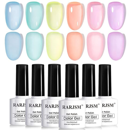 RARJSM Pastel Stained Glass Gel Nail Polish Set 6pcs Clear Orange Yellow Blue Pink Purple Crytal Transparent Jelly Series Sheer Amber Gel Varnish LED UV Curing Requires Spring Easter French Manicure