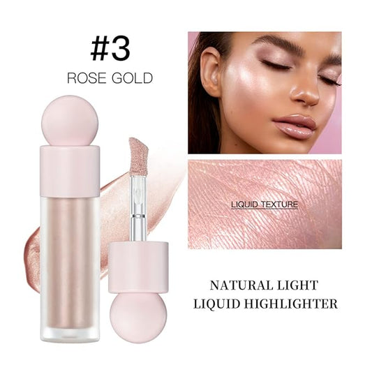 Liquid Highlighter Natural Glow For Face & Body, Waterproof Moisturizing Light Liquid Luminizer For Long Lasting Shimmer, Contour Highlighter Stick Easy to Apply with Cushion Applicator (#3 Rose gold)