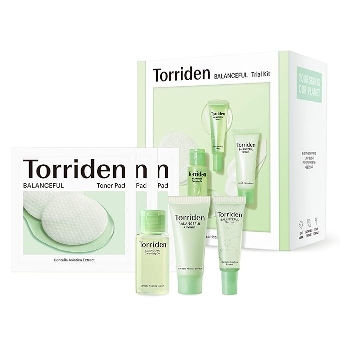 Torriden BALANCEFUL Cica Trial Kit, Gotu Kola Infused Daily Skincare Kit - 4 Step Regimen with Cleansing Gel, Toner Pad, Serum, and Cream | Vegan, Hypoallergenic Korean Skin Care