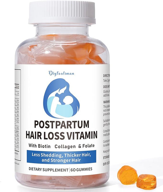 Postpartum Hair Loss Vitamin, Vegan Gummies with Biotin, Collagen, & Folate, Postpartum Hair Loss Products for Less Shedding, Thicker Hair, Stronger Hair, Breastfeeding-Friendly, 60 Gummies