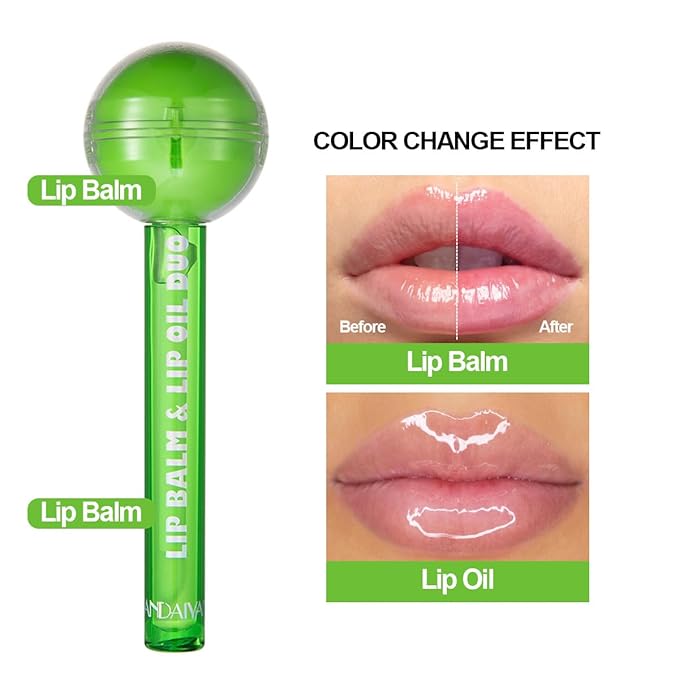 Tinted Lip Balm Lollipop Lip Gloss, Magic pH Color Changing Pink Lipstick & Vitamin E Clear Lip Oil Combo, Hydrating Plumping Lip Care Product for Girls (Green)