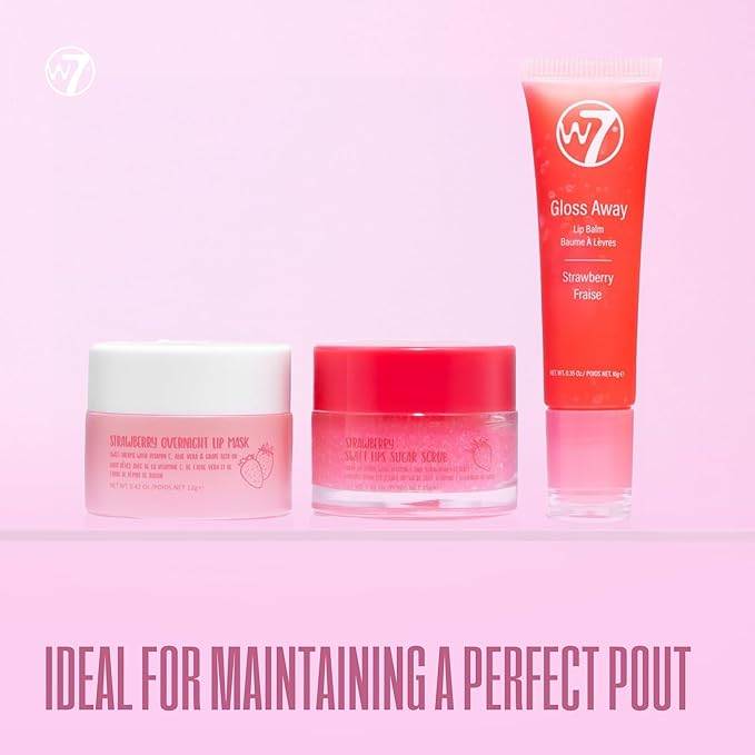 W7 Sweet Dreams Lip Care Trio - 3 Piece Set - Overnight Lip Mask, Lip Balm & Lip Scrub - Strawberry