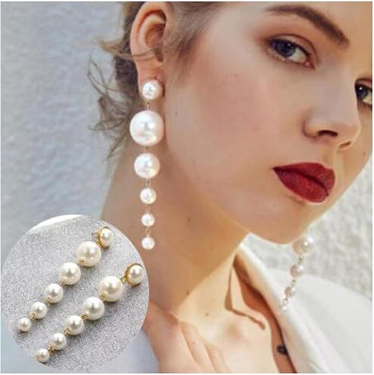 Boho Pearl Drop Dangle Earrings Big Pearl Tassel Earrings Gold Long Drop Earrings Elegant Vintage Earrings Jewelry for Women