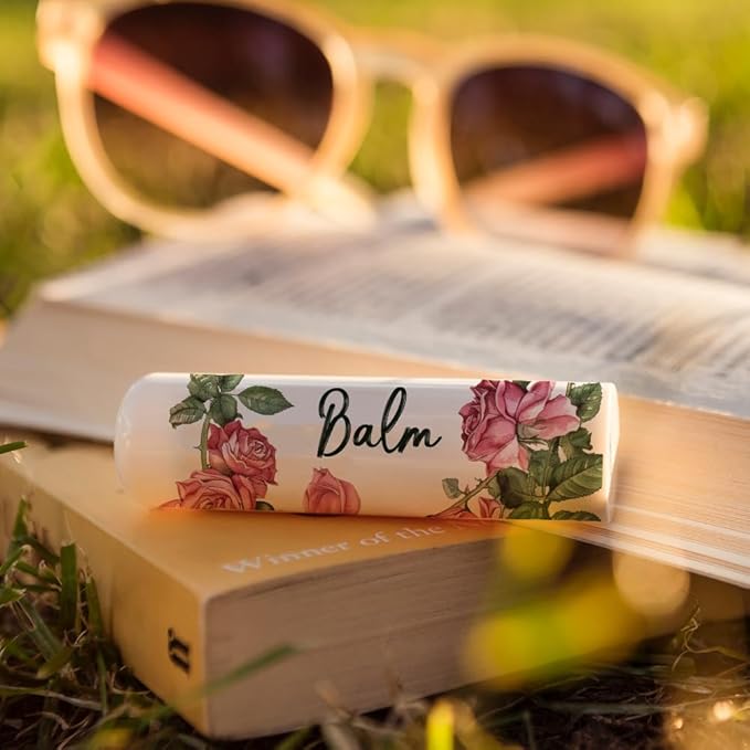 OLYCRAFT 100Pcs 4 Styles Pink Rose Lipstick Tag Stickers Vintage Lip Balm Label Sticker 2.1x1.7 inch/54x44mm Self Adhesive Border Lipstick Labels for Lip Balm Container Tubes Wrapping Decorations