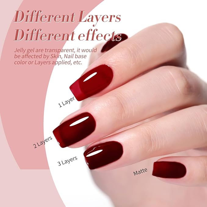 Born Pretty Jelly Burgundy Gel Nail Polish Blood Wine Red Nude Pink Gel Polish Sheer Transparent Halloween Gel Polish Kit Wild Rose for Salon Manicure and Nail Art DIY at Home 6Colors