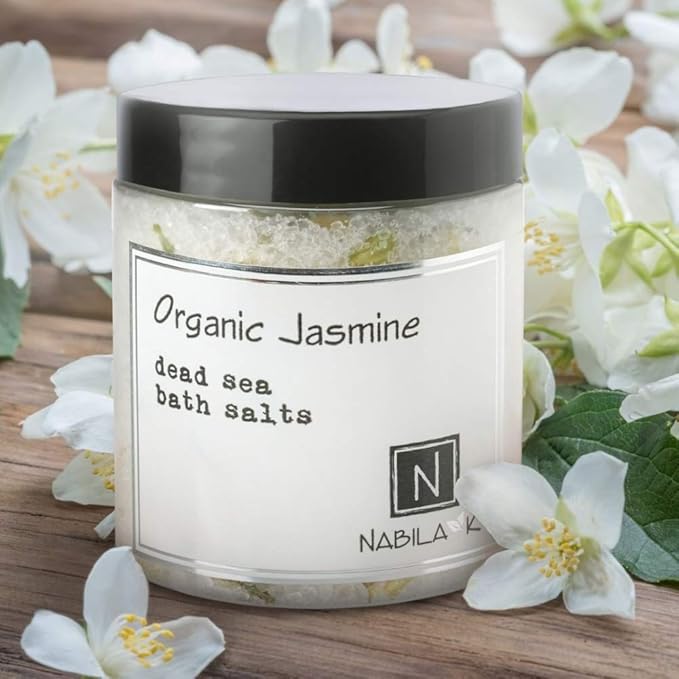 Organic Jasmine Bath Salts by Nabila K - Dead Sea Salt & Epsom Salt Scrub & Soak - Exfoliates & Hydrates Skin, Botanical Essential Oils - Bubble Bath Accessories for All Skins Types, 8 oz
