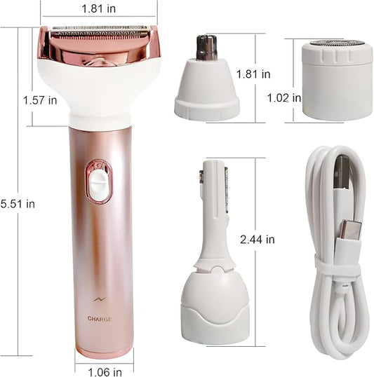 Electric Razor for Women, Hair Trimmer for Bikini Legs Womens Shaving Eyebrow Lips Body Face Beard Mustache Nose Arm Armpit Facial Hair Removal for Women's Shaver 4 in 1 Kit, Type-C Charging Port